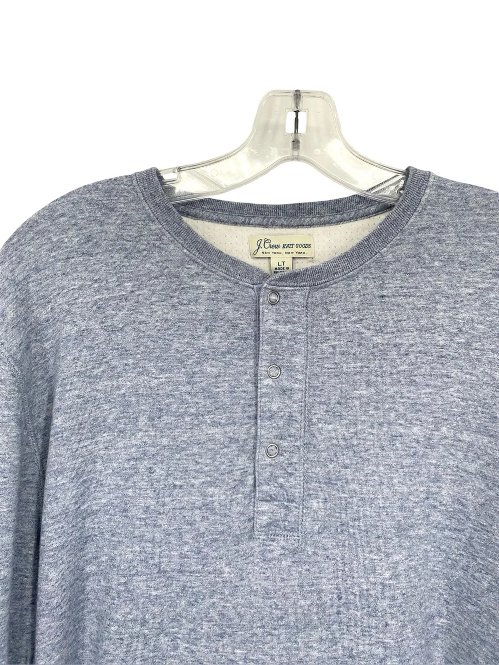 J. Crew Knit Goods Men’s Henley Sweatshirt Heather Blue Terry Cotton Large Tall